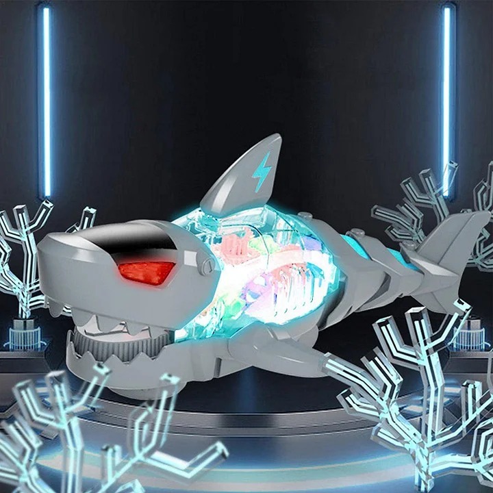 Electric Gear Shark walking toy with transparent gear housing and LED lighting